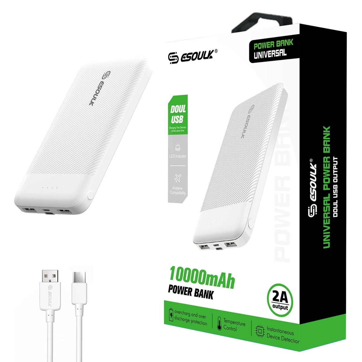 10000mAh Dual USB Power Bank In White