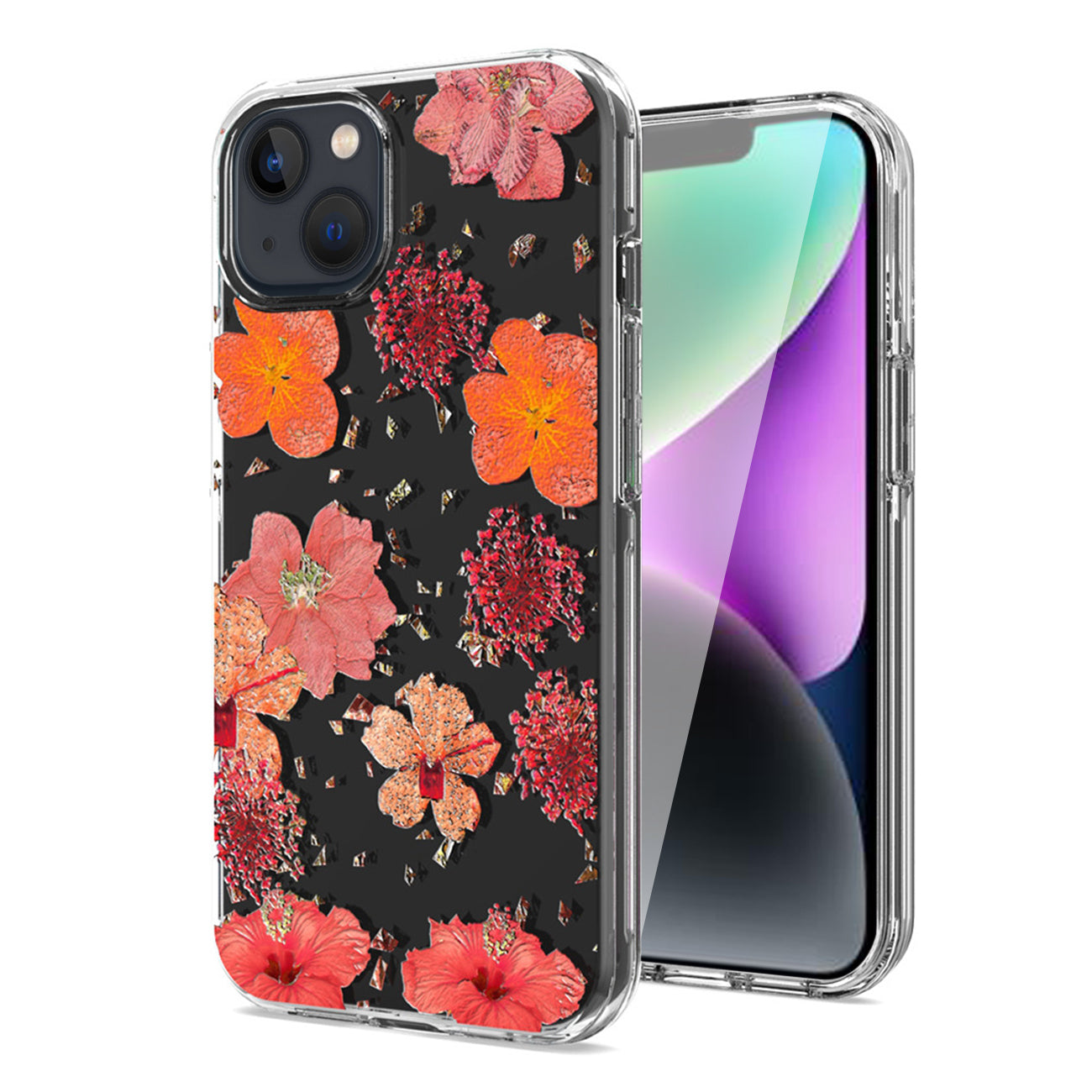 Pressed dried flower Design Phone case For iPhone 14 /13 In Red