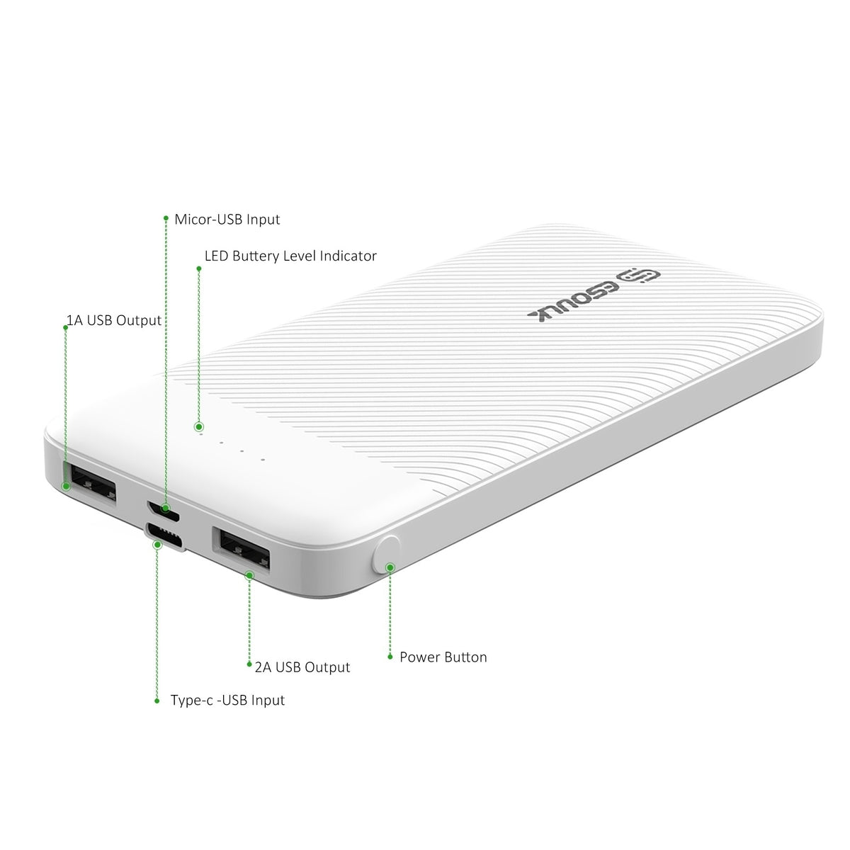 10000mAh Dual USB Power Bank In White