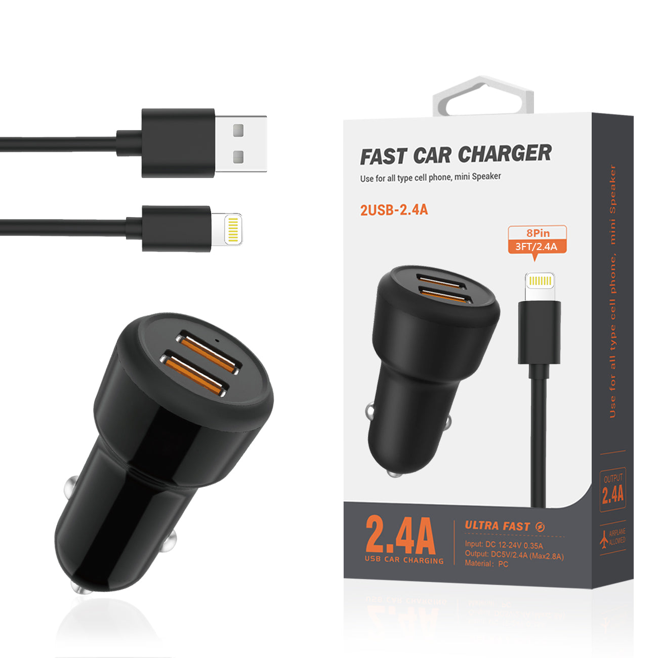 Lightning Portable Car Charger With Built In (3 Ft) (Black)
