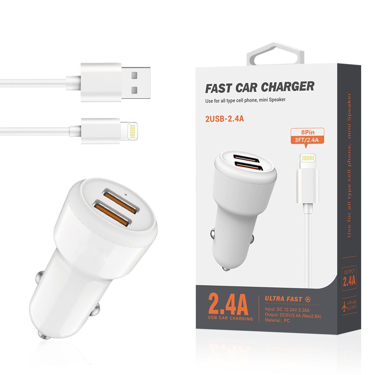 Lightning Portable Car Charger With Built In (3 Ft) (White)
