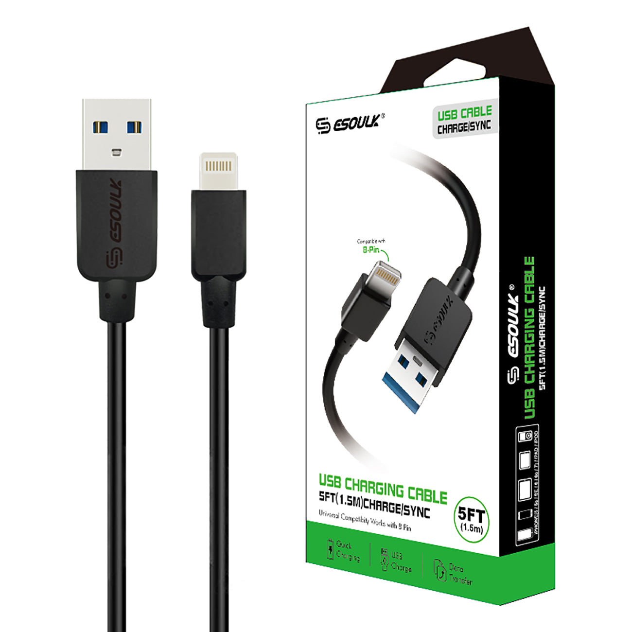 Premium Retail Pack Lightning USB 1.5A Data Cable (5ft) (Black)
