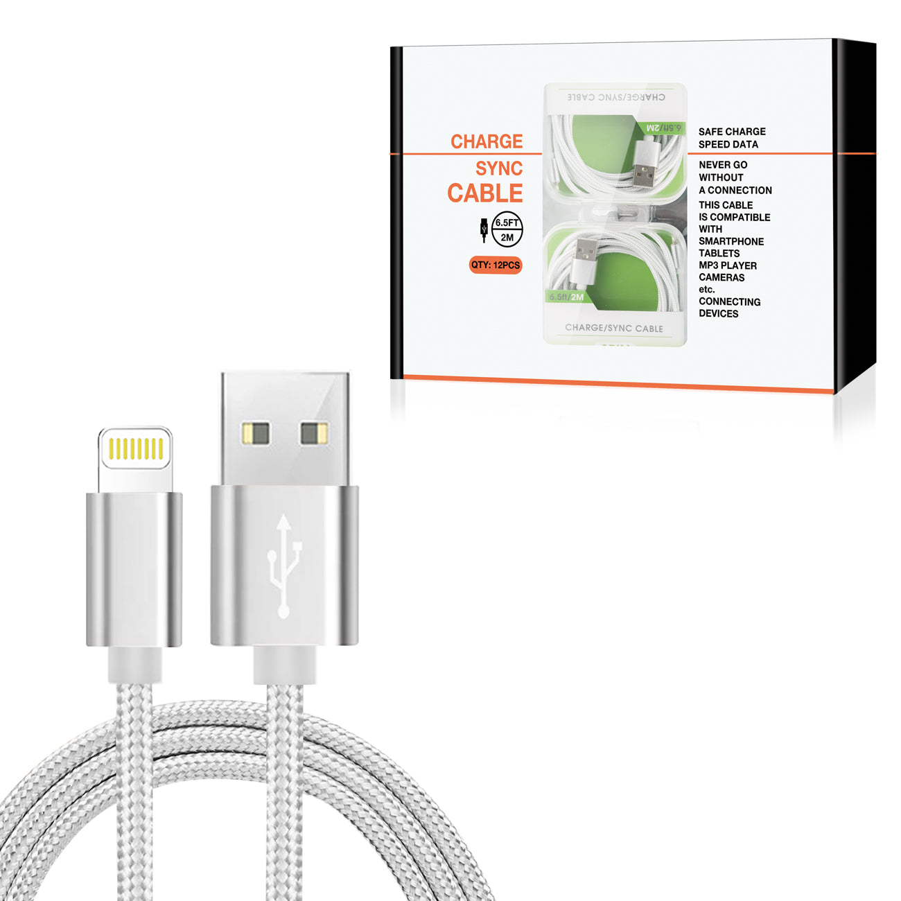 Bulk Quantity Lightning Fast Charge/Sync Cable (6.5 ft) (Silver) (12pcs)