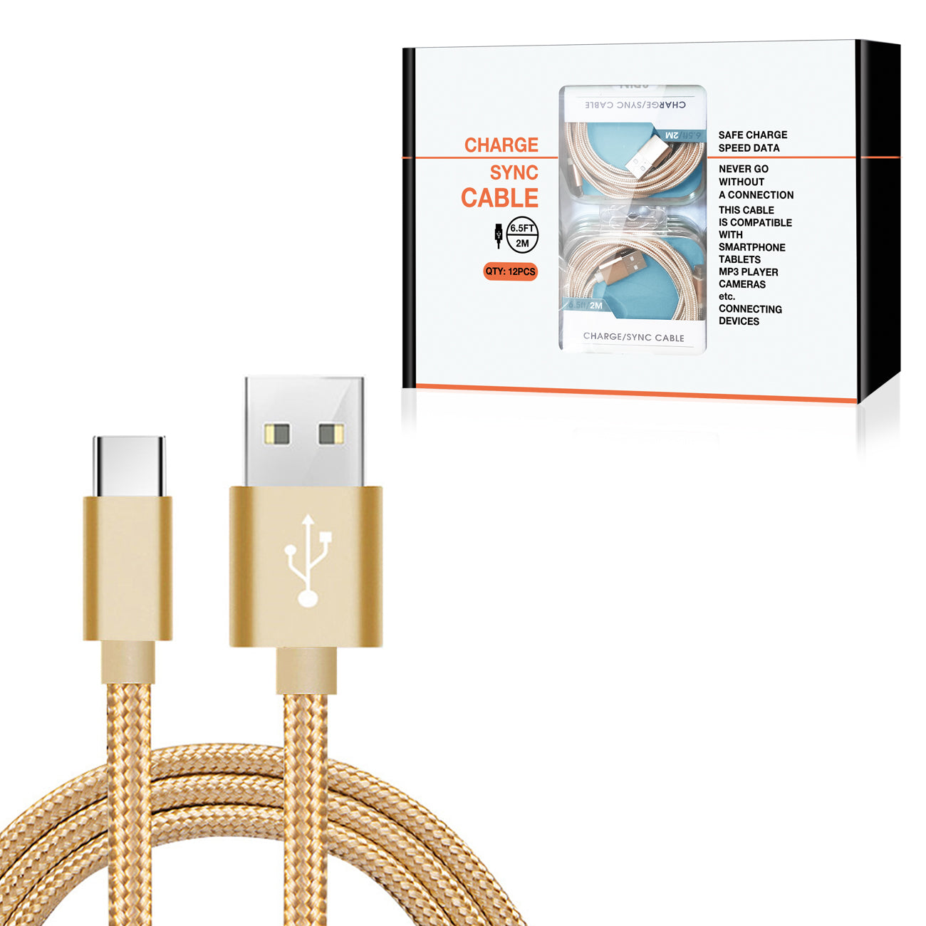 USB-C Fast Charge/Sync Cable 6.5 ft in Gold (12pcs)