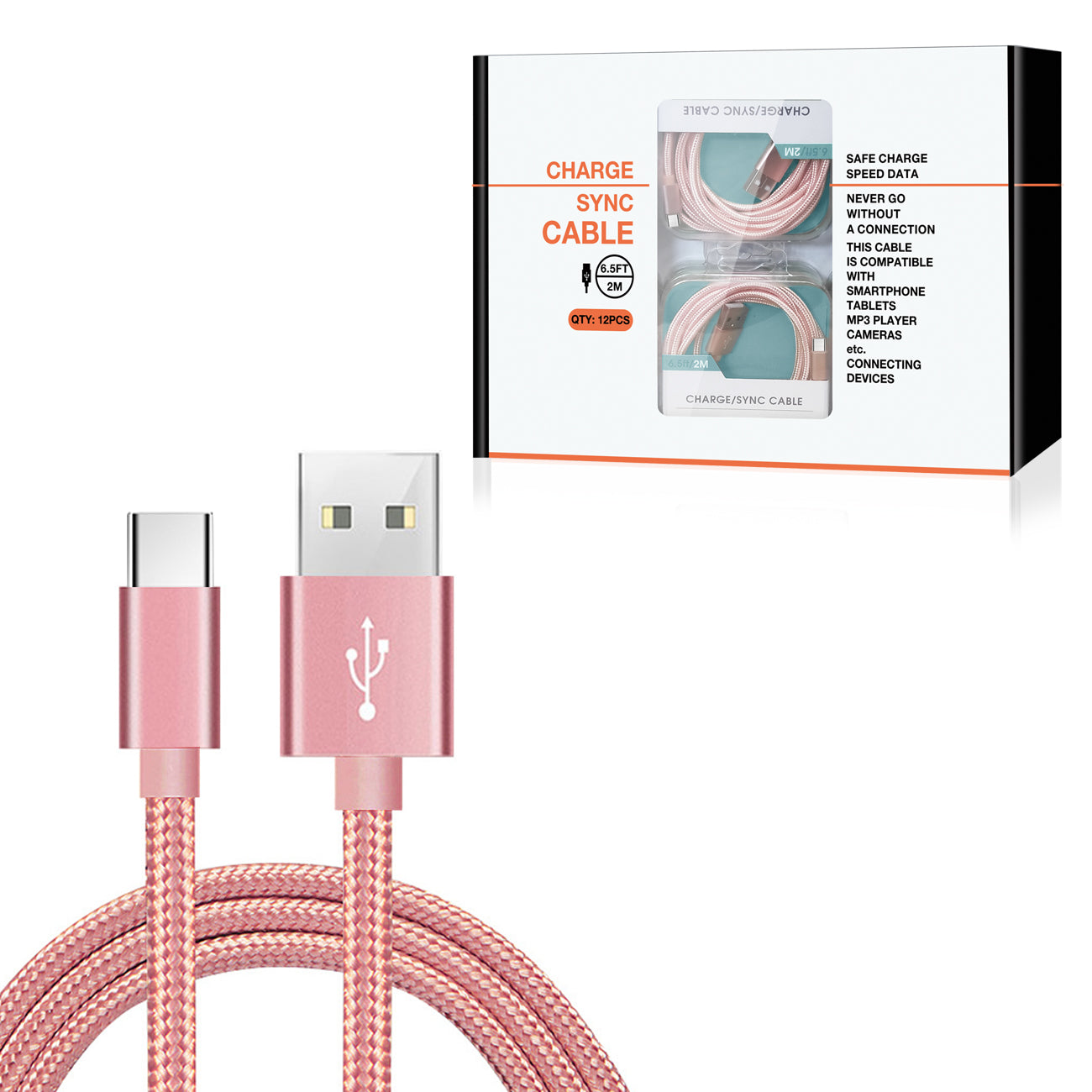 USB-C Fast Charge/Sync Cable 6.5 ft in Rose Gold (12pcs)