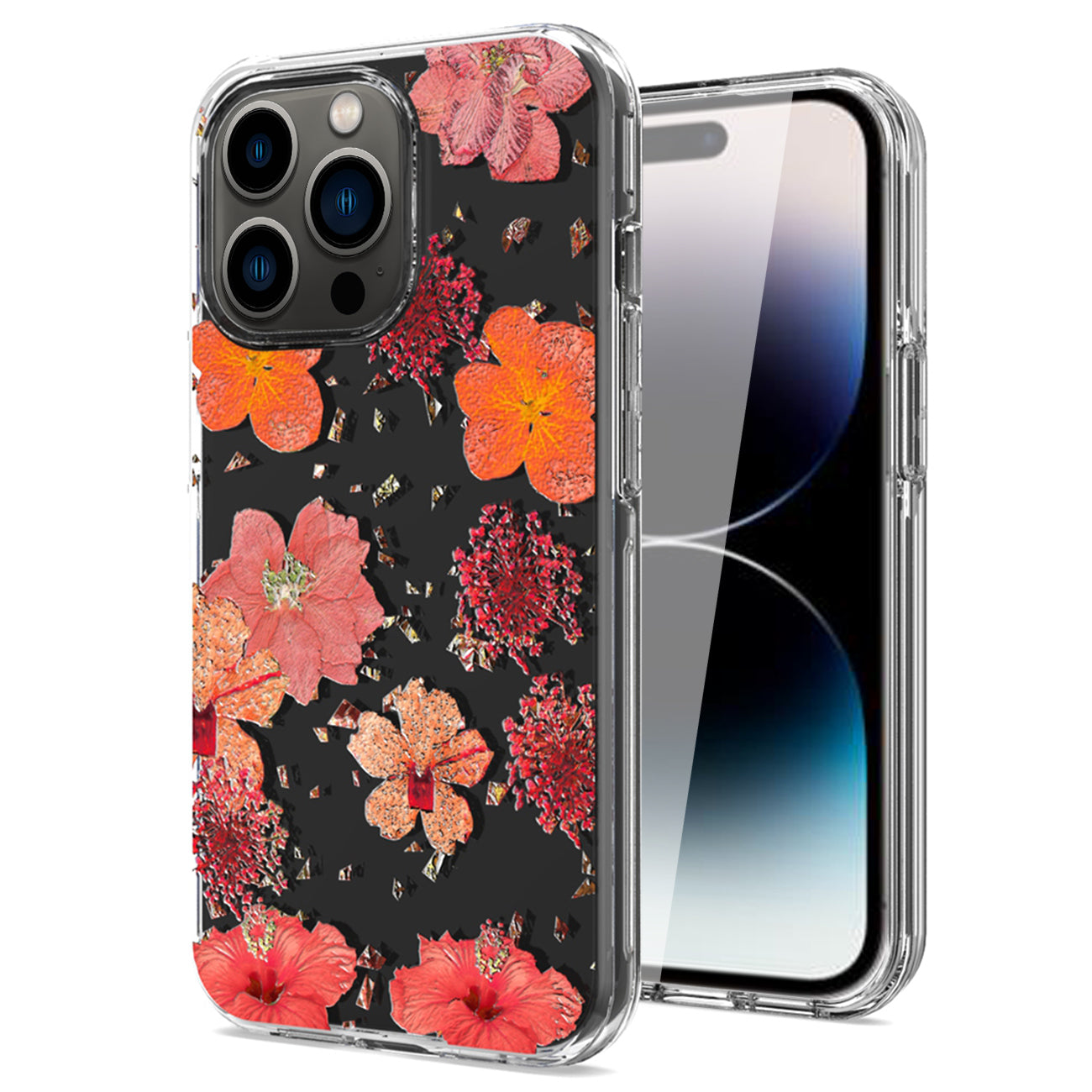 Pressed dried flower Design Phone case For iPhone 14 Pro In Red