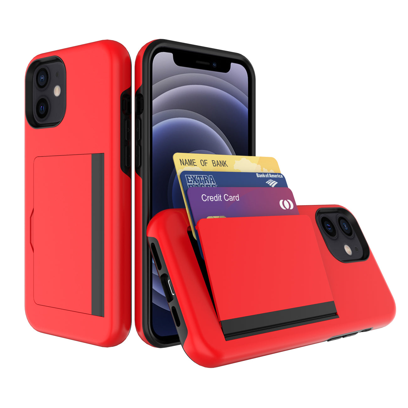 TPU PC Hybrid 2-in-1 Flip Card Holder Phone Case for Apple iPhone 12 Mini In Red